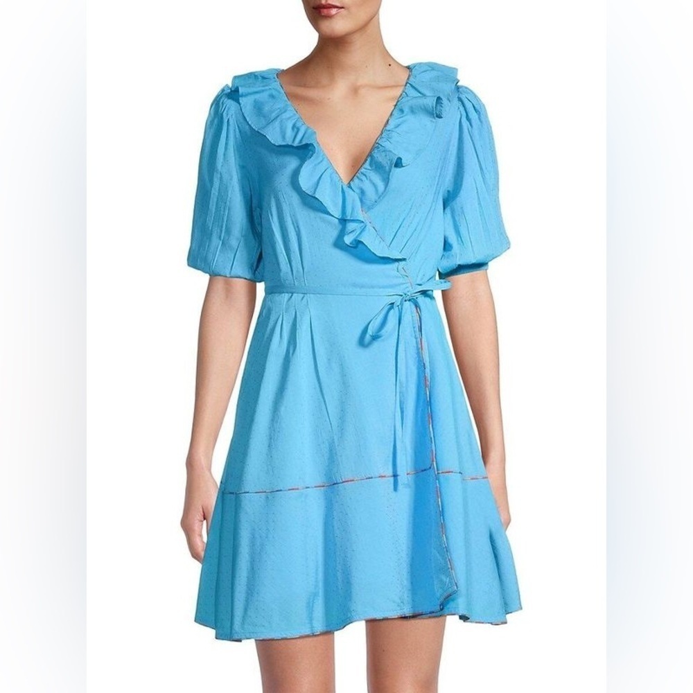 Roller Rabbit Blue Ruffle Wrap Dress Women’s Sz Large Short Sleeve Mini Pockets - Picture 4 of 14